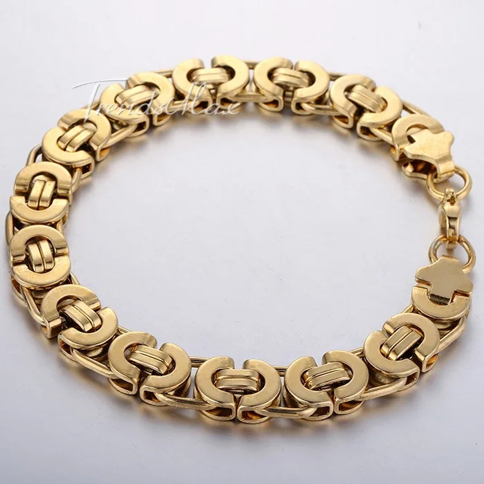 11MM Mens Chain Boys Gold Color Flat Byzantine Stainless Steel Bracelet Necklace SET Wholesale JEWELRY Fashion Gift KS78