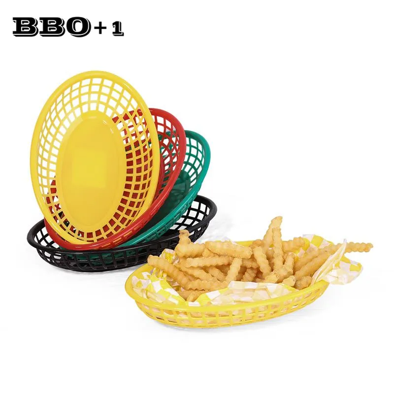 

6pcs Plastic Fast Food Basket Hot Dog Serving Plate with 24 Red Checked Wax Liners Hamburger French Fries Paper Restaurant Tray