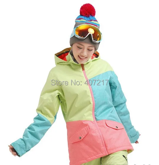 Women's Color Matching Ski Jacket Green Blue Pink Snowboard Skating Hiking Sportswear Female Snow Coat Anorak Skiwear Waterproof