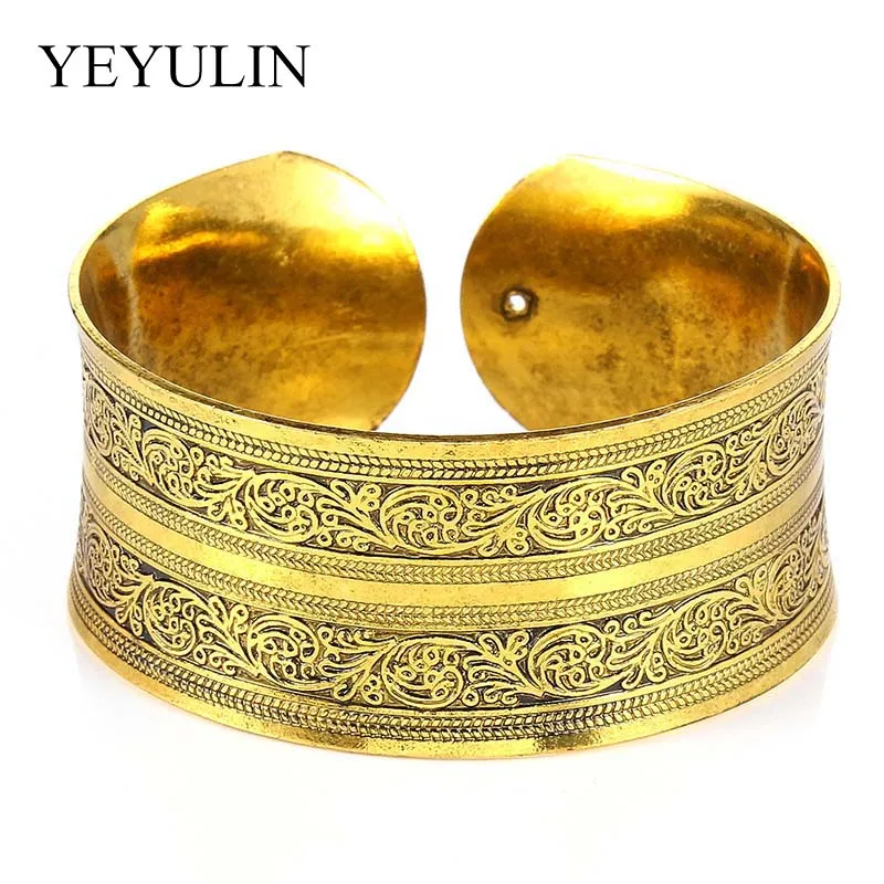 Tibetan Jewelry Retro Gold Color Flower Pattern Bangle For Woman Wide Opening Bracelet & Bangle Gift