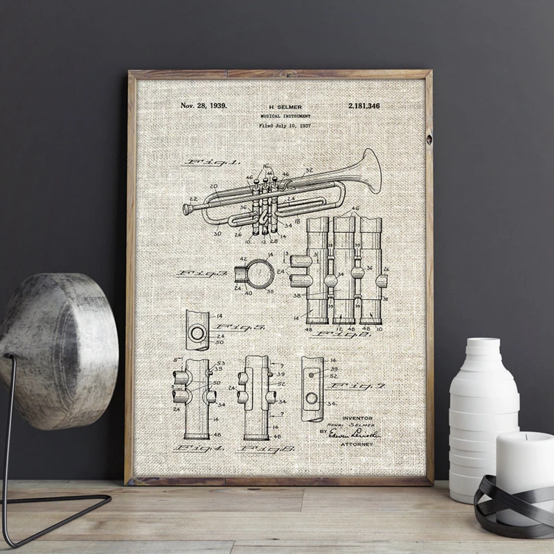 البوق براءة اختراع المشارك غرفة الموسيقى الرسم على لوحات القماش الجدارية خمر مخطط الملصقات والمطبوعات هدية فكرة صورة ديكور جدران المنزل #6
