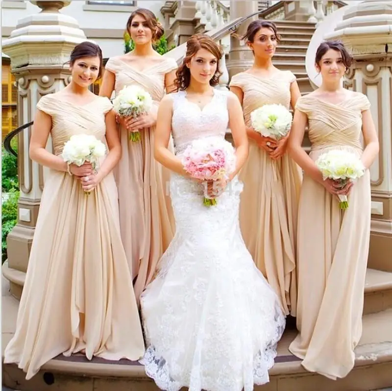 

Unique Design Champagne Bridesmaid Dress Floor Length Cap Sleeve V Neck Pleat A Line Maid of Honor Dresses for Wedding Party