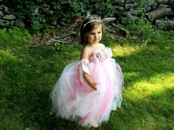 Beautiful Girls Pink Flower Dress Kids Crochet Tulle Long Dress Ball Gown with Rose Headband Children Evening Party Tutu Dress