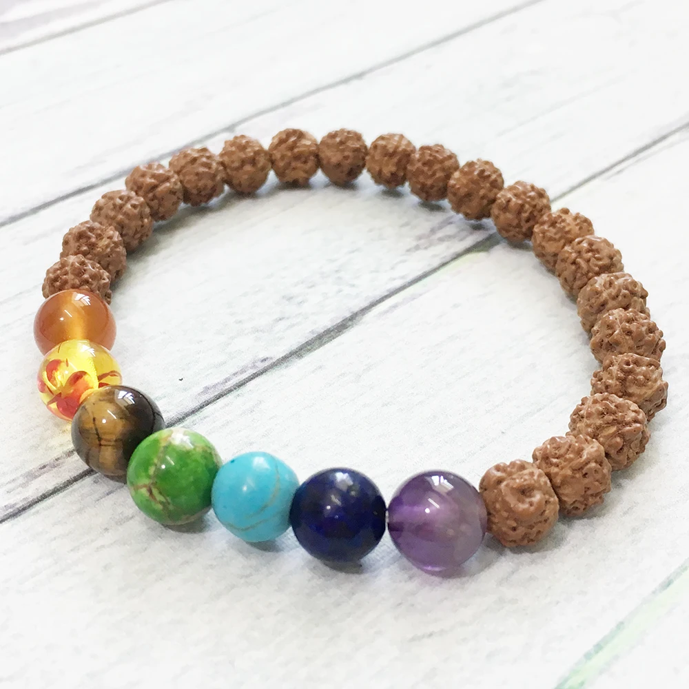 MG0506 On Sale 6 mm Rudraksha 7 Chakra Bracelet Fashion Women`s Yoga Wrist Mala Bracelet High Quality Handmade Jewelry