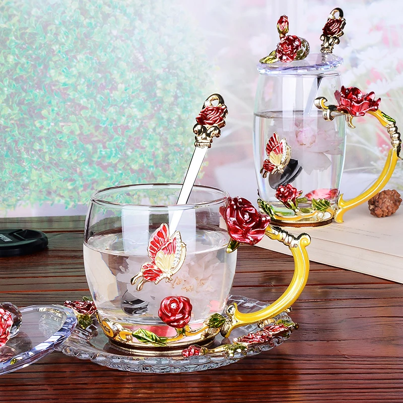 

Rose Blossom and Rhinestones Decorated Enamel Coffee Cup Mug Flower Tea Glass Milk Cups Alloy Handgrip Cups and Mugs Gift