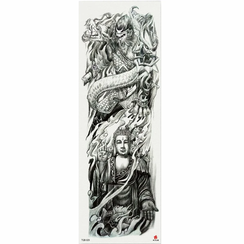 1 Piece Buddha Statue Pattern Temporary Tattoo Sticker with Arm Body Art Big Sleeve Large Fake Tattoo Sticker