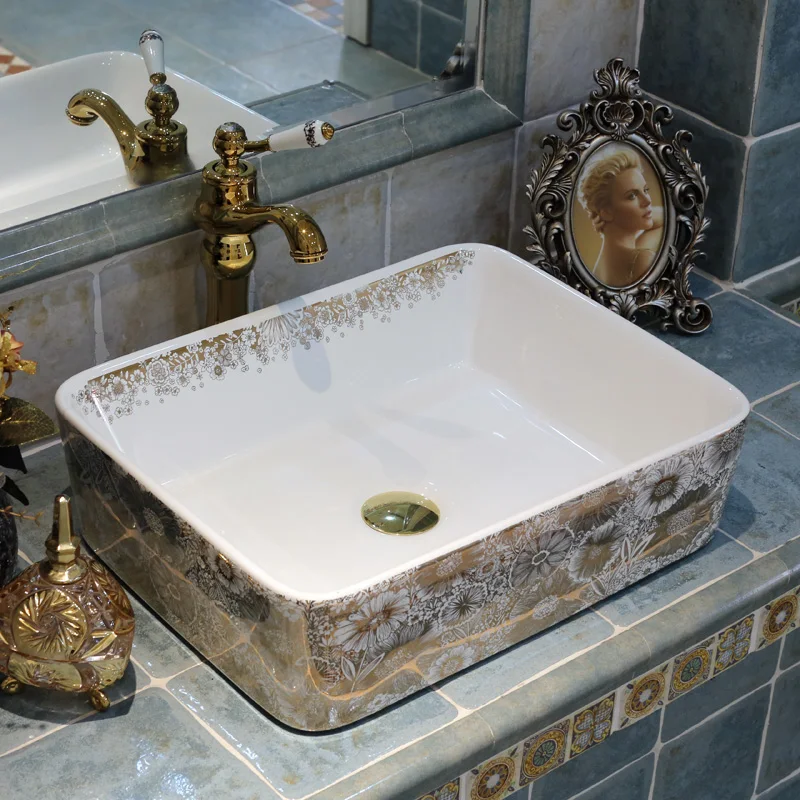 

Rectangular shape Europe style china washbasin sink Jingdezhen Art Counter Top ceramic bathroom sink ceramic sink bathroom