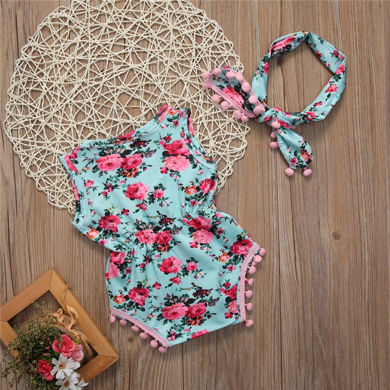 Floral Tassels Baby Girl Bodysuits Cotton Summer Newborn Clothes Infant Baby Girl Sleeveless Bodysuit Jumpsuit Playsuit Sunsuit