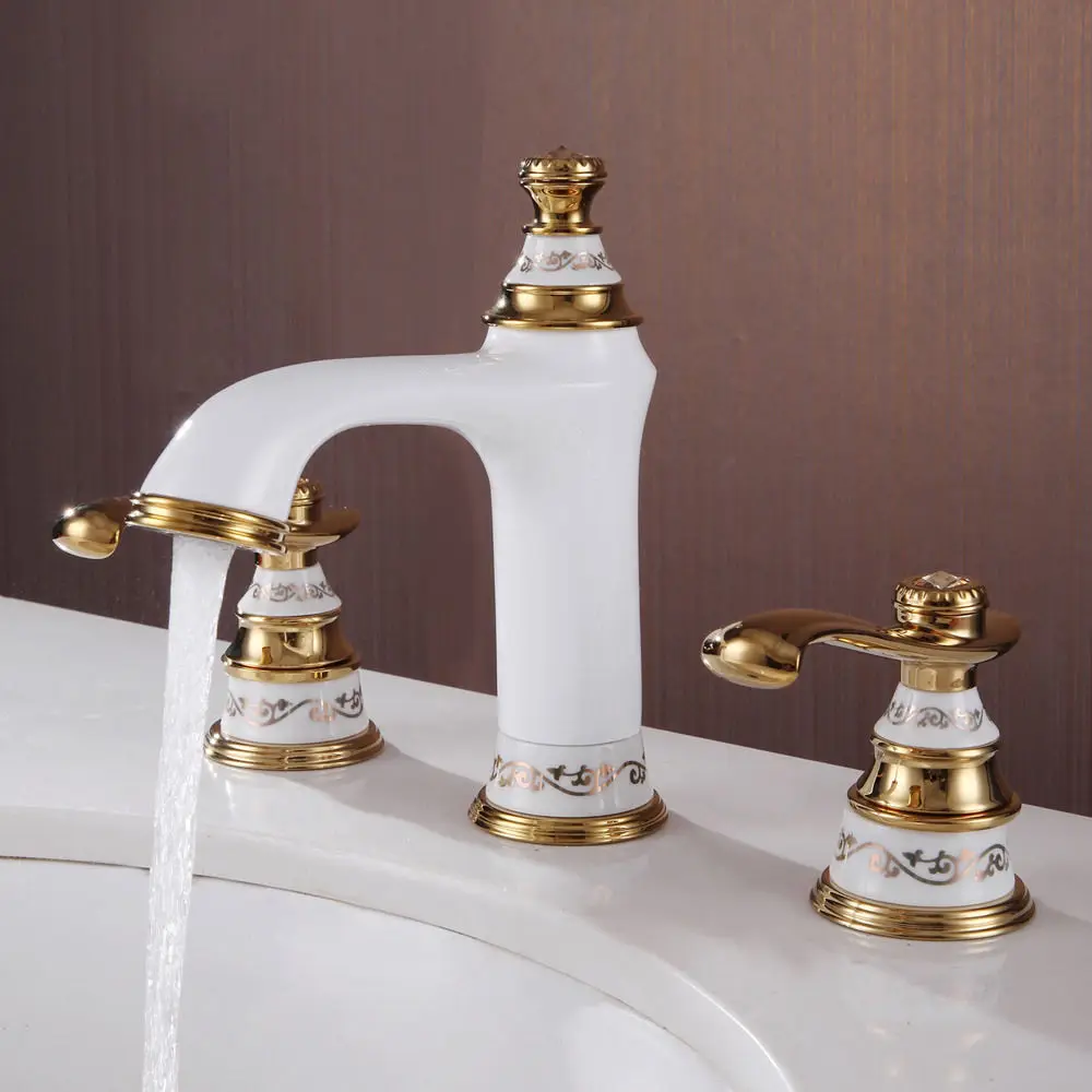 Imagem -02 - White & Ouro Buracos Banho Lavatório Generalizada Torneira Pia do Banheiro Torneira da Pia de Bronze Bico Mixer Tap