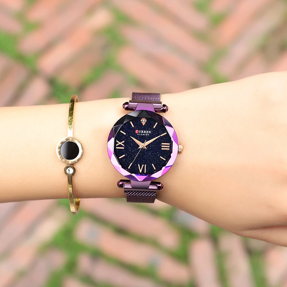 CURREN Luxury Diamond Ladies Watches Fashion Creative Women Wristwatch Romantic Starry Sky Quartz Watch Valentine Gift Purple