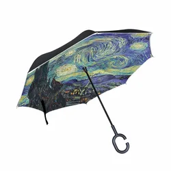 Van Gogh Starry Night Reverse Umbrella Double Layer Inverted Parasol Rain Women Strong Windproof Fluorescent Strips Paraguas Men