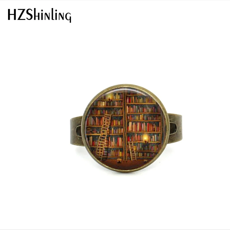 2017 New Style Book Lover Gifts Vintage Library and Book Ring Librarian Books Jewelry Round Glass Photo Adjustable Rings