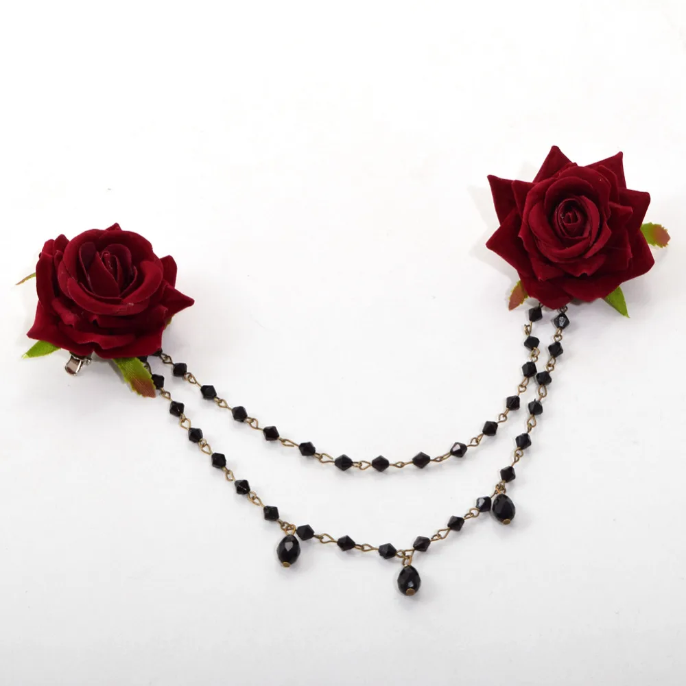 Steampunk Lolita Rose Hair Clip Girls Gothic Floral Black Chain Punk Lady Rose Head-wear