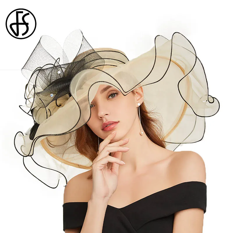 FS-Wide Brim Fascinator للنساء ، قبعة زفاف أنيقة ، أورجانزا صيفية ، قبعة شمس للشاطئ ، سيدات ، أزرق ، زهرة وردية ، قبعات ديربي كنتاكي