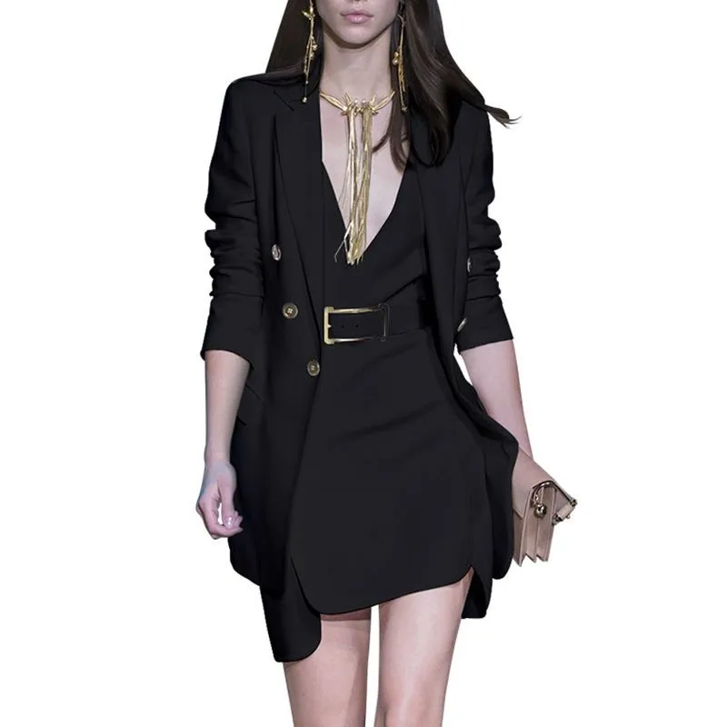 Fashion New Office Ladies Slim Fit 2Pcs Dress Suits Medium Length Blazer Sleeveless V-Neck Sashes Vest Short Dresses