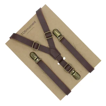 110*1.5cm Y Back High Quality Wine Red Crack Face PU Leather Solid Fashion Unisex Suspenders Adjustable 3 Clip Retro Men Gift