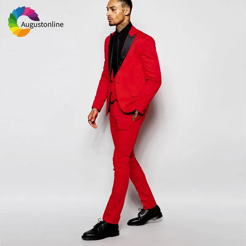 

Custom Made Red Men Suits for Wedding Suits Black Peaked Lapel Best Man Blazer Jacket 3Piece Pants Vest Slim Fit Groom Tuxedos