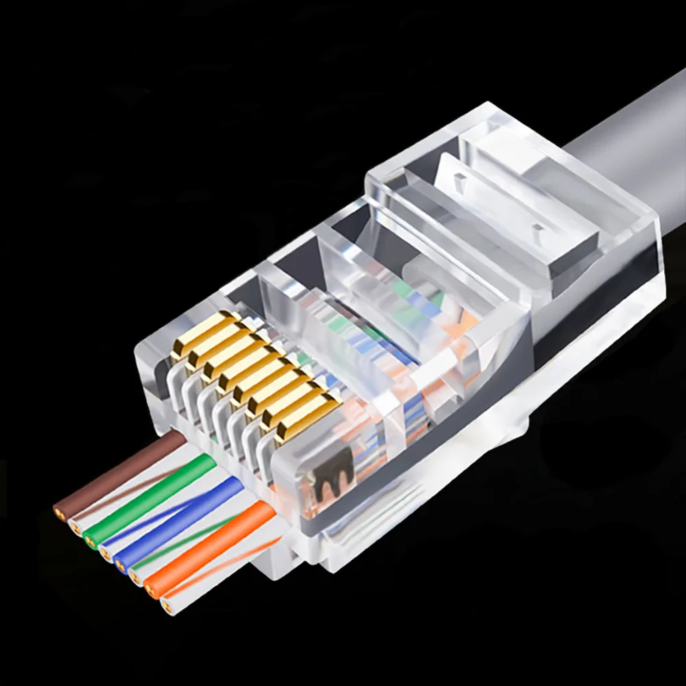 OULLX 20/50/100pcs RJ45 Connector 6U Gold PlatedPass Through Ethernet Cables Module Plug Network RJ-45 Crystal Heads Cat5 Cat5e