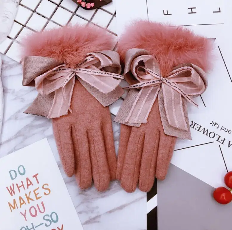 

Women's autumn winter thicken warm cashmere gloves female winter touchscreen natural rabbit fur driving glove R1518