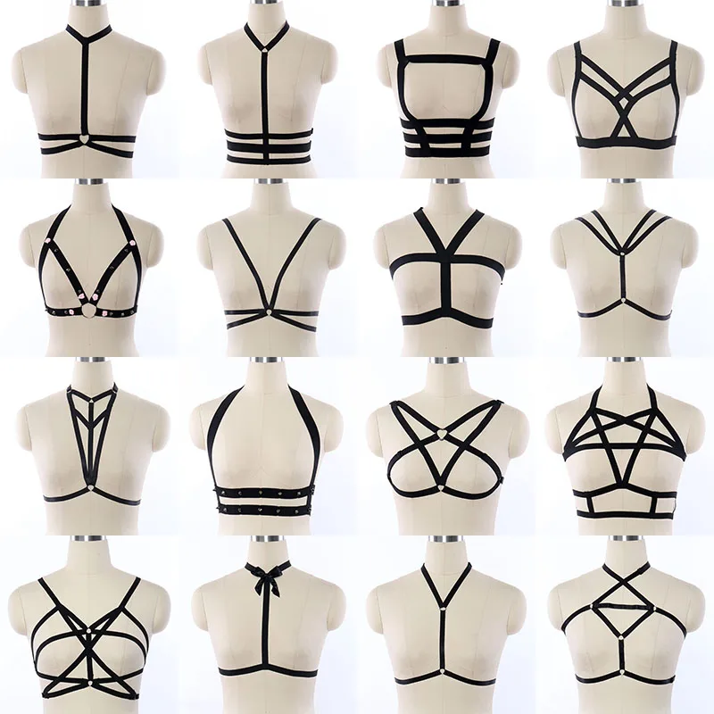 Black Harness Lingerie Women Fetish Tops Bodysuit Harajuku Bondage Bra Sexy See Through Cupless Bra Summer Style Body Cage Bra