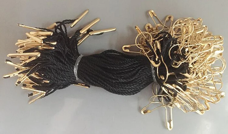 

in stock Good quality black white hang tag string in apparel price cord for garment gold pear shaped safety pin 1000pcs lot