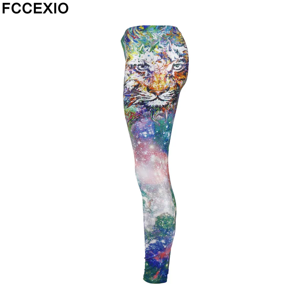 FCCEXIO nowe damskie legginsy damskie Galaxy Tiger Head wydrukowano trening Legging kolorowe Fitness leginsy moda 3D spodnie