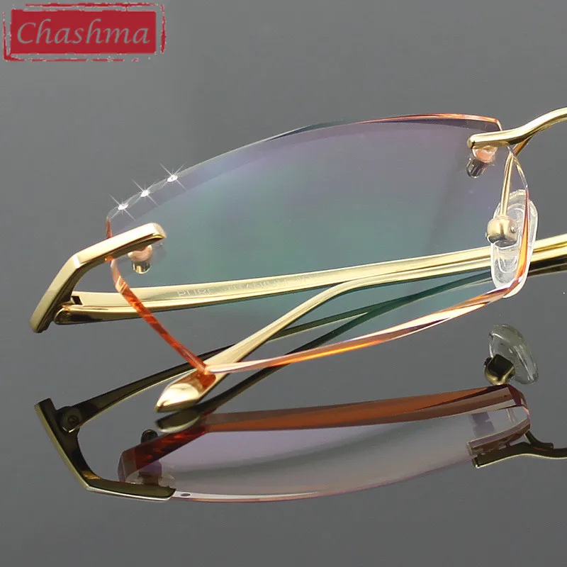 Chashma Diamond Trimmed Eyeglasses Men Rimless Glasses Frame Tint Lenses Quality Optical Crystal Pure Titanium Eyewear