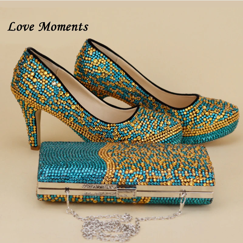 Blue and Gold Rhinestone wedding shoes and purse Sets high heel platform shoes women\'s Pumps Bride Wedding party shoes and bags