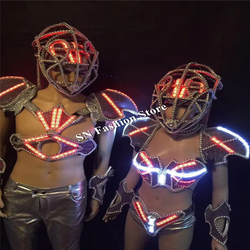 AS86-1 Sexy ballroom dance women dresses led light costumes with bra helmet robot men dj led luminous bar model wears clothes dj