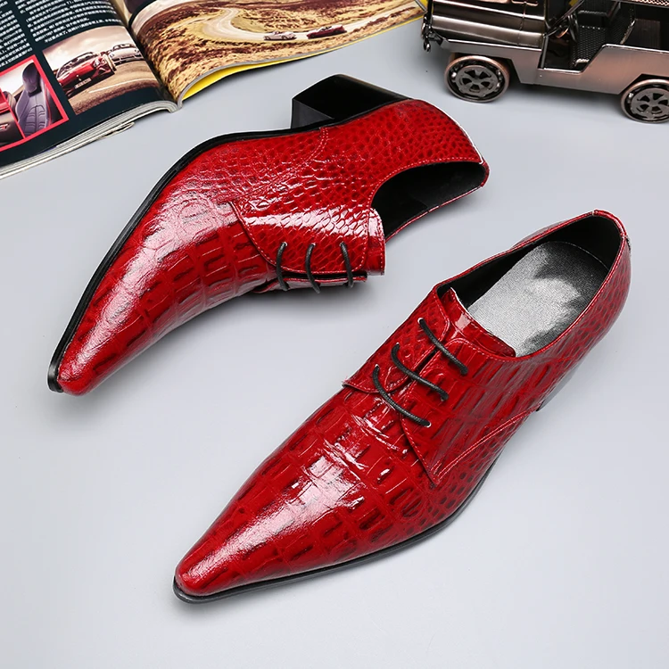 Zapato Hombre Genuine Leather Men Dress Shoes Red Crocodile Print Lace Up Business Office Men Shoes Italian Wedding Male Shoes