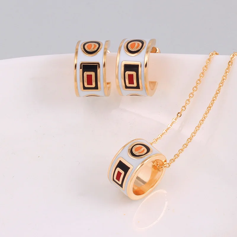 Enamel Vintage Gold-color Jewelry Sets for Women Color Pattern Design Shape Pendant/Earrings