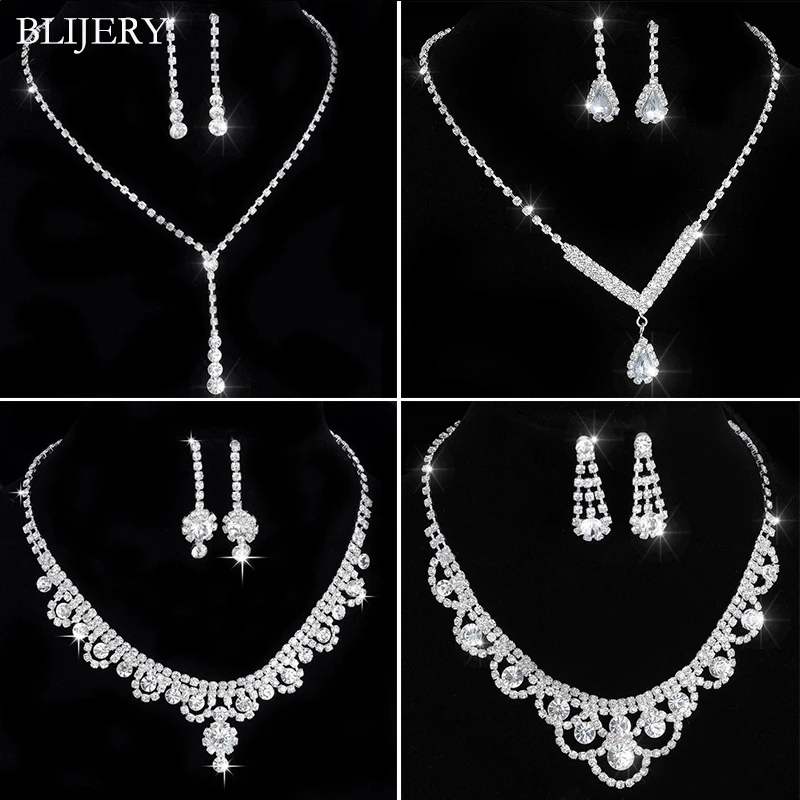 BLIJERY Elegant Bridesmaid Bridal Jewelry Sets Bling Rhinestone Crystal NECKLACE+EARRINGS SET Women Wedding Party Jewelry Sets