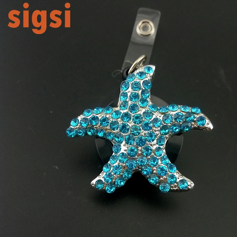 

100pcs High quality rhinestone sparkly blue starfish animal retractable ID badge holder reel for gift/wedding invitation