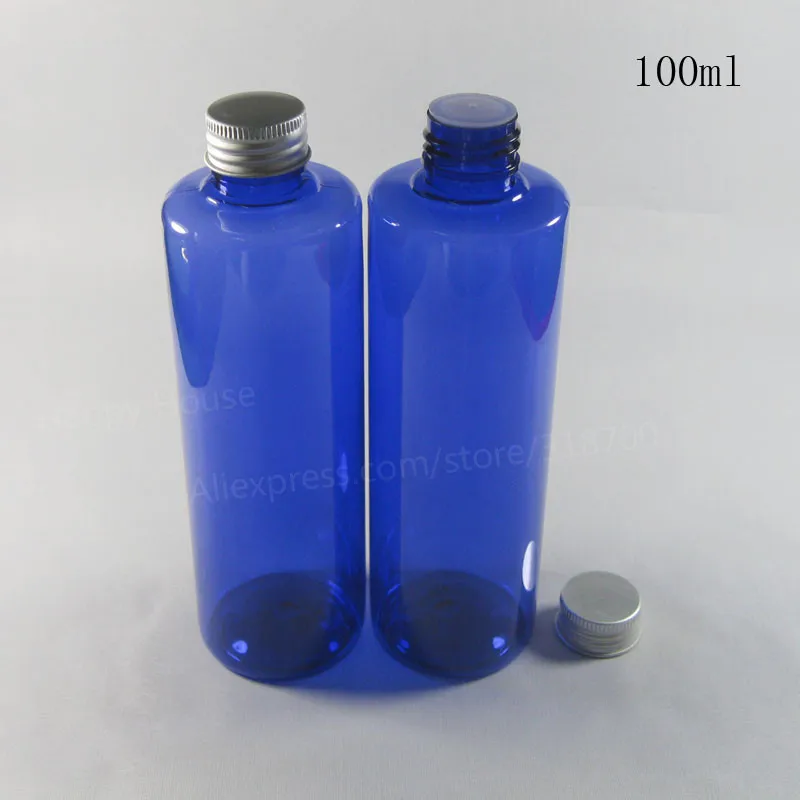 24 x 100ml Cobalt Blue PET Cream Round Square Shoulder Aluminum Cap Bottle 100cc Plastic Shampoo and Cosmetic Container