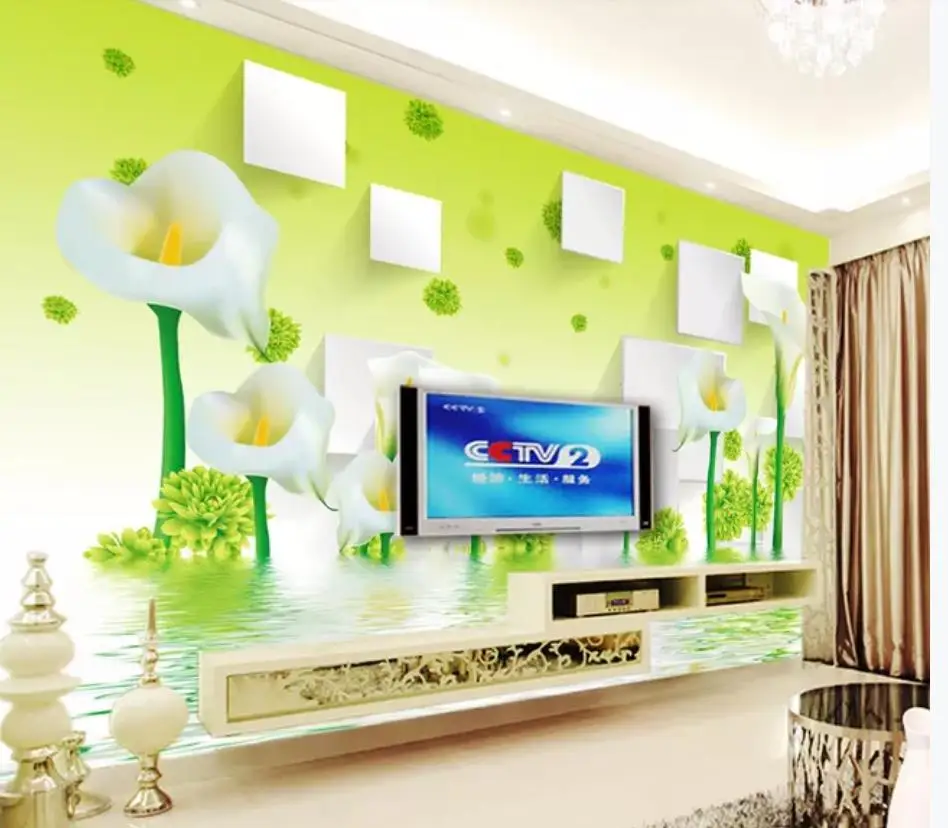 

Современные пользовательские 3D обои зеленая Калла цветок лилии отражение 3D стерео для гостиной ТВ фоновая стена