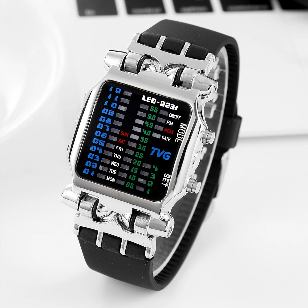 Men\'s Digital Watch TVG Cool Creative Fashion LED Display Waterproof Binary Digital Clock Casual Gift Business Student Casual