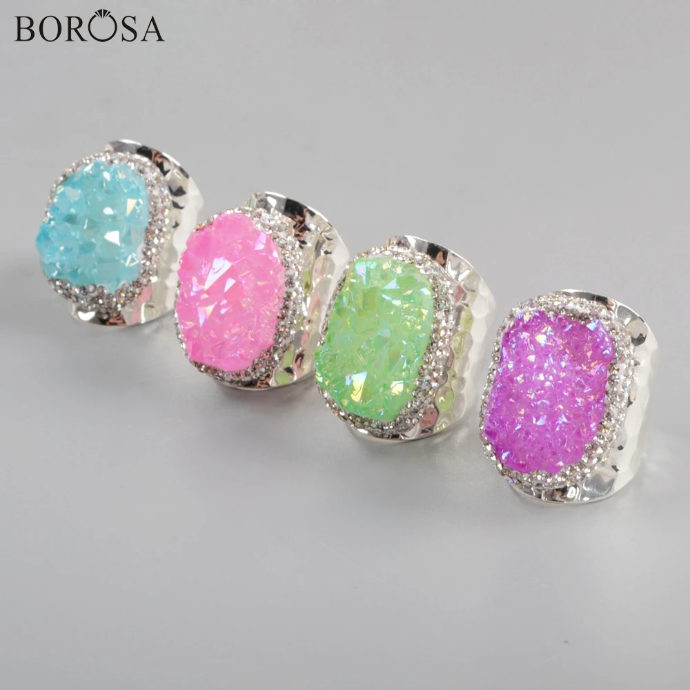 

BOROSA 5Pcs Silver Color Agates Druzy Band Ring with Rhinestone Paved Rainbow AB Plating Druzy Rings Jewelry JAB965