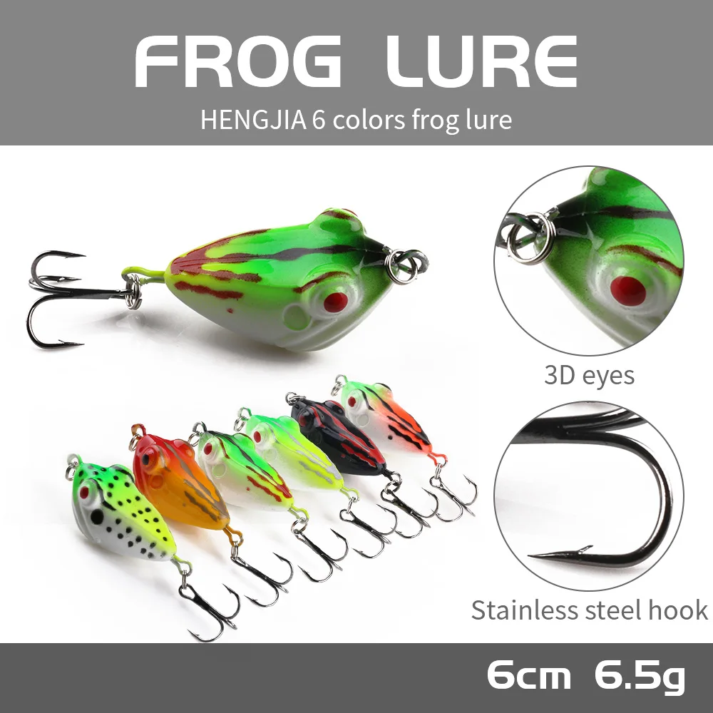 HENGJIA 1PC Frog 40MM-6G-8# Hook Top-Water 6 Colors 3D Eyes Artificial Silicone Rubber Soft Bait Fishing Lure Isca Artificial