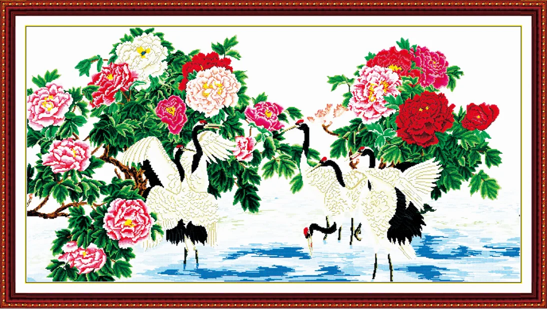 

Peonies and dancing crane cross stitch kit 14ct 11ct pre stamped canvas cross stitching embroidery DIY handmade needlework