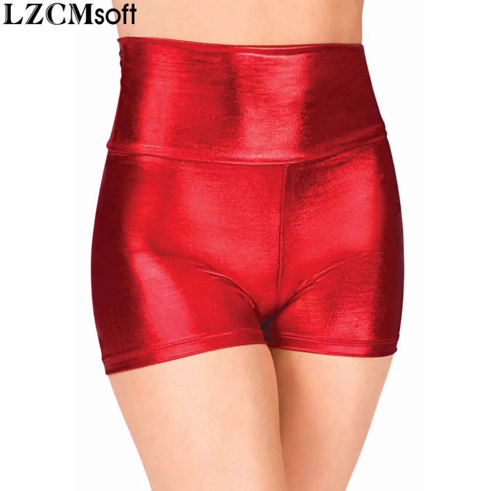 LZCMsoft Pantaloncini da ballo a vita alta fucsia per adulti Sexy effetto bagnato Skinny Rave Booty Pantaloncini per spettacoli teatrali Mutande metalliche