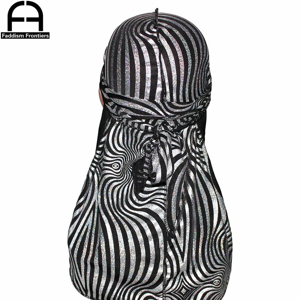 Reflective Zebra Men Silk Durag Striped Bandana Headwear Turban Hat Silky Durags Long Straps Hair Cover Waves Cap