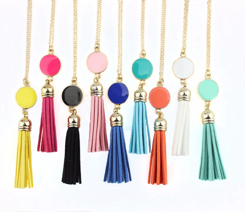 Monogram Enamel Disc Leather Tassel Long China Pendant Necklace for Women Fashion Jewelry