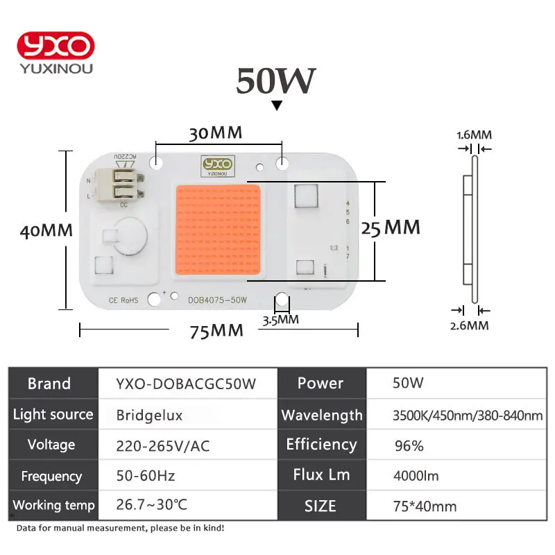 AC COB LED Grow Light Chip Hydroponice AC 220V 20W 30W 50W Full Spectrum 370nm-780nm For Indoor Grow Lighting