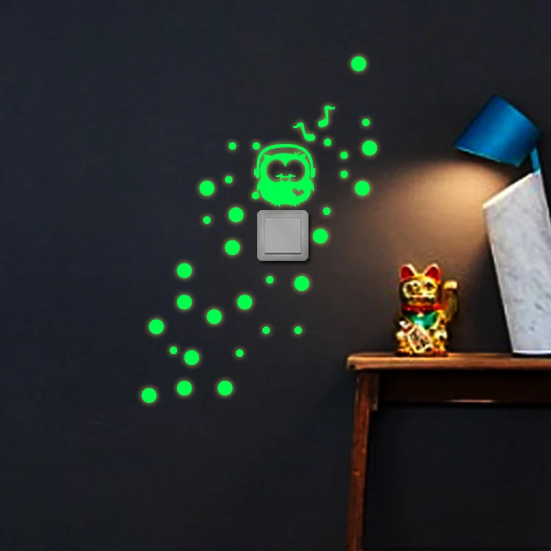 Cartoon Luminous Cute Home Cat Switch Wall Stickers Glow In The Dark Bedroom Decoration Fluorescent Mural Animals Decals Poster