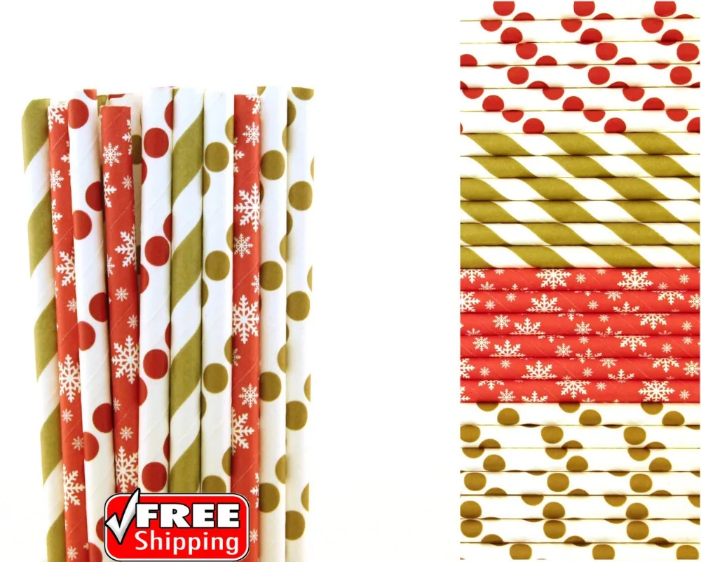 200 Pcs Mixed 4 Designs Gold and Red Themed Paper Straws-Dot,Striped,Snowflake Holiday Christmas Party Hot Cocoa Straws Cheap