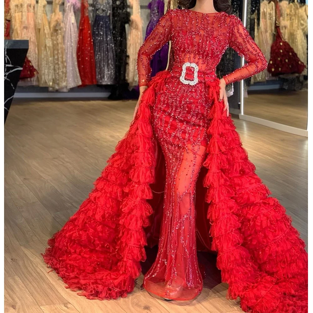 Vestidos de fiesta rojos con cuello redondo, lentejuelas de encaje, cuentas de sirena, tren desmontable, longitud hasta el suelo, vestidos de noche 2019