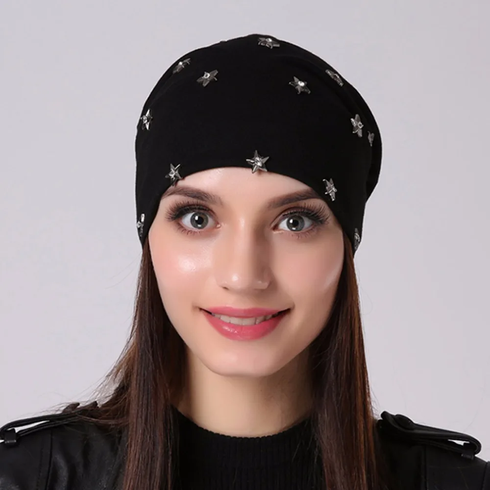 Geebro Women\'s Beanie Hat Spring Casual Polyester Star Rhinestones Slouchy Beanie for Women Autumn Thin Cotton Female Skullies