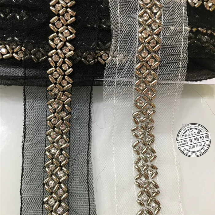 2Yards/Lot White Black Mesh Lace Fabric Clothing Accessories Collar Diy Handmade Rhinestone Beading Lace Trim Sewing Material