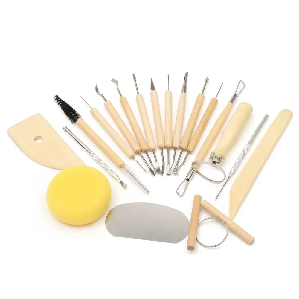 19pcs Clay Sculpting Sculpt Smoothing Wax Carving Pottery Ceramic Tools Wood Handle Set