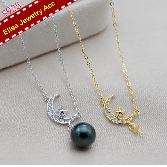 

S925 Sterling Silver Moon&Star Design Pearl Pendant Necklace Accessory Silver&Gold Color 3Pcs/Lot